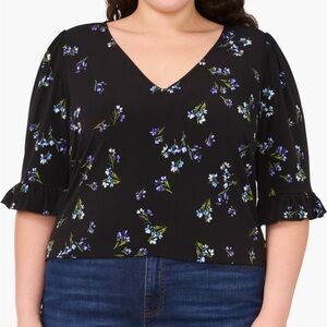 CeCe Black Blue Floral Ruffle Cuff Top Blouse Size 1X